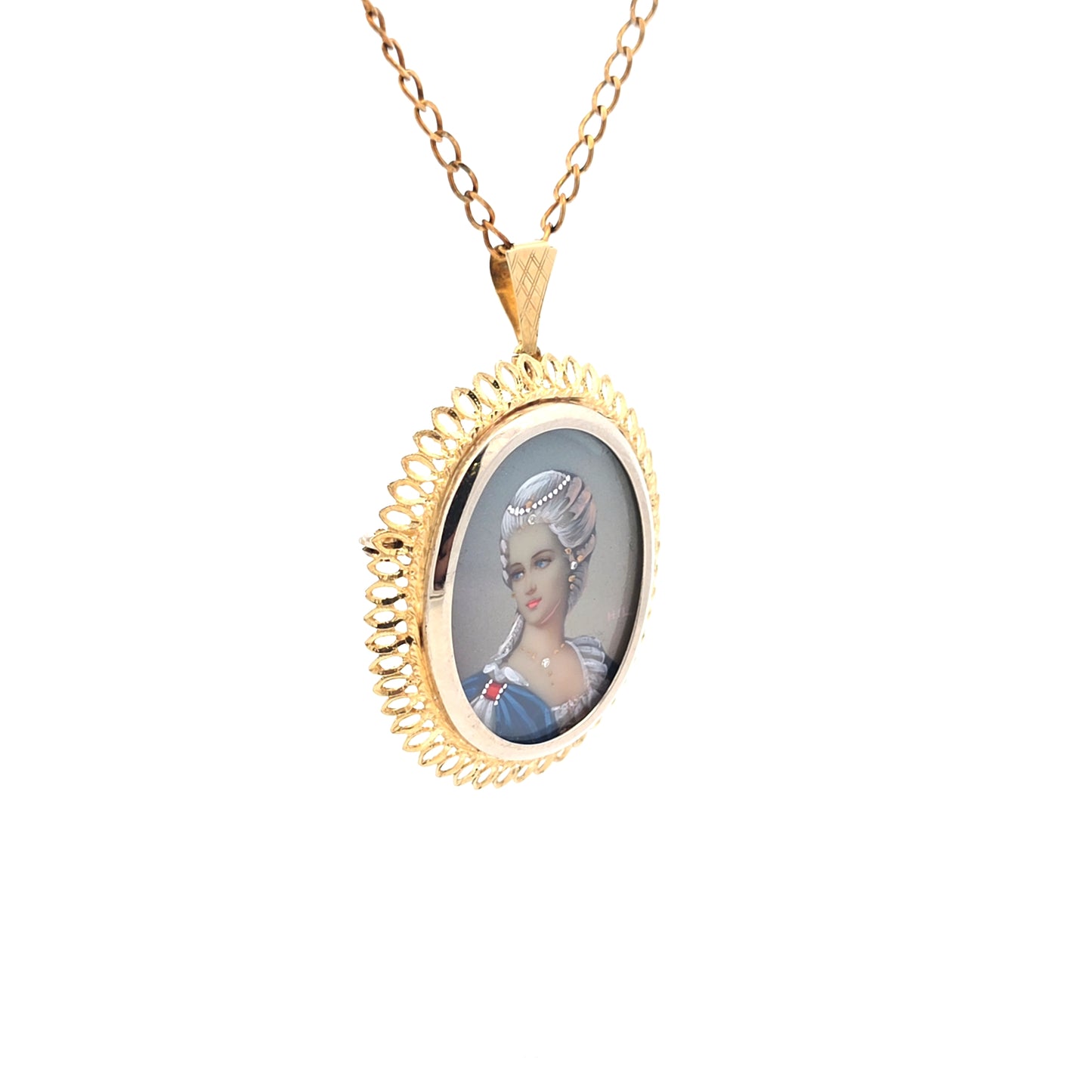 14k  Geelgouden portret Limoges medaillon hanger ketting Amsterdam Bruens