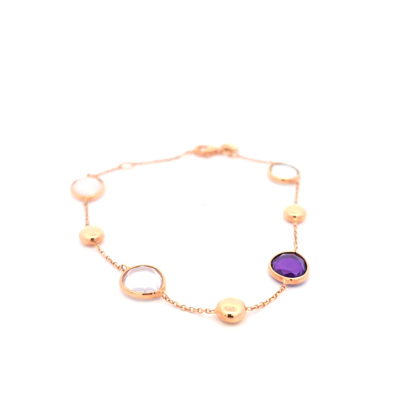 14k Rose Gold Chain Bracelet with Amethyst and Rose Quartz Accents