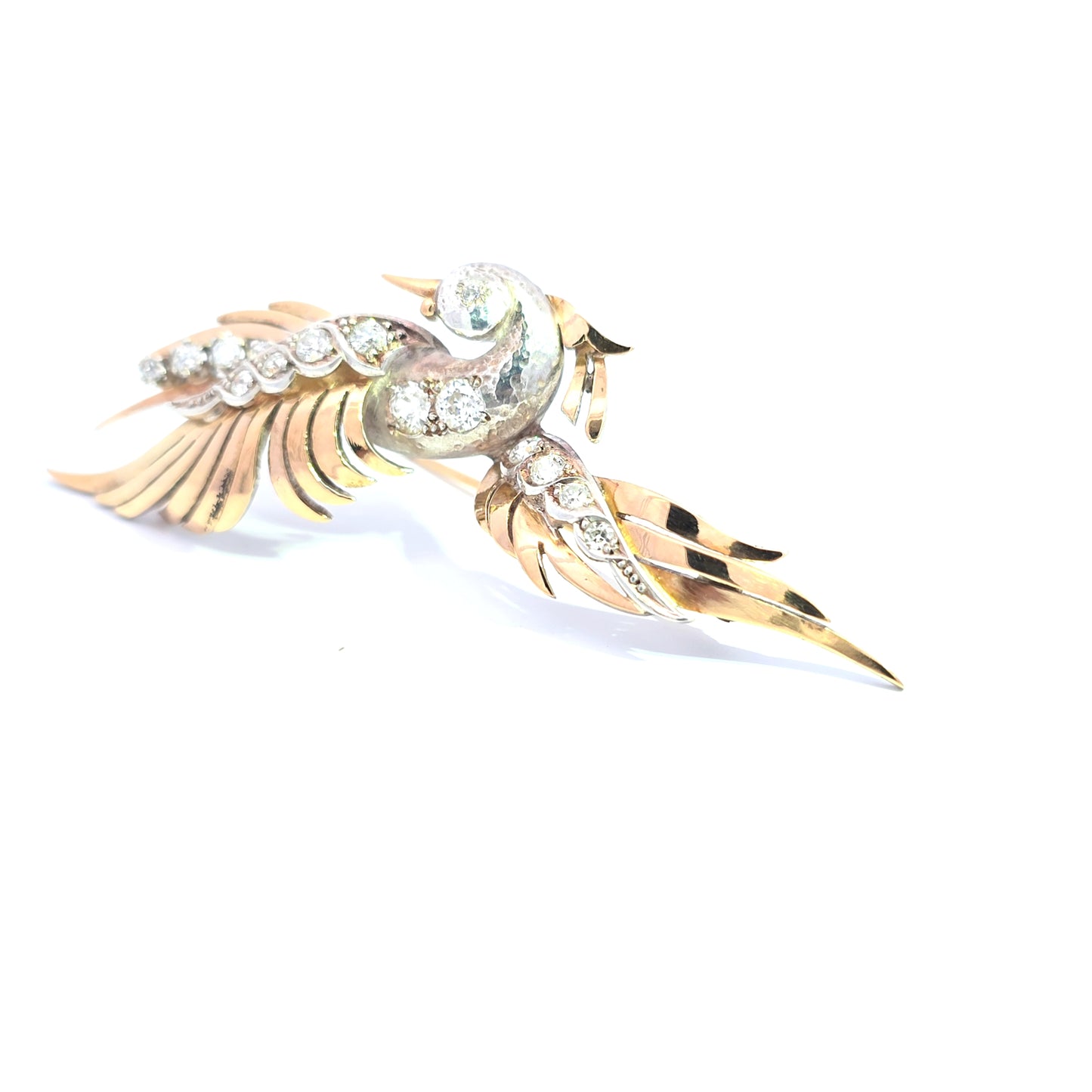 Diamanten vogelbroche in 14-karaats geelgoud en zilver, Bruens Amsterdam