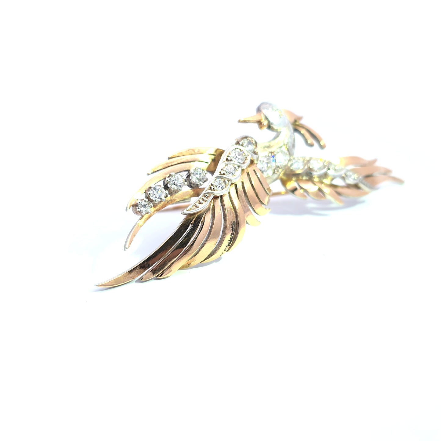 Diamond Bird Brooch in 14k Yellow gold and silver Bruens Amsterdam