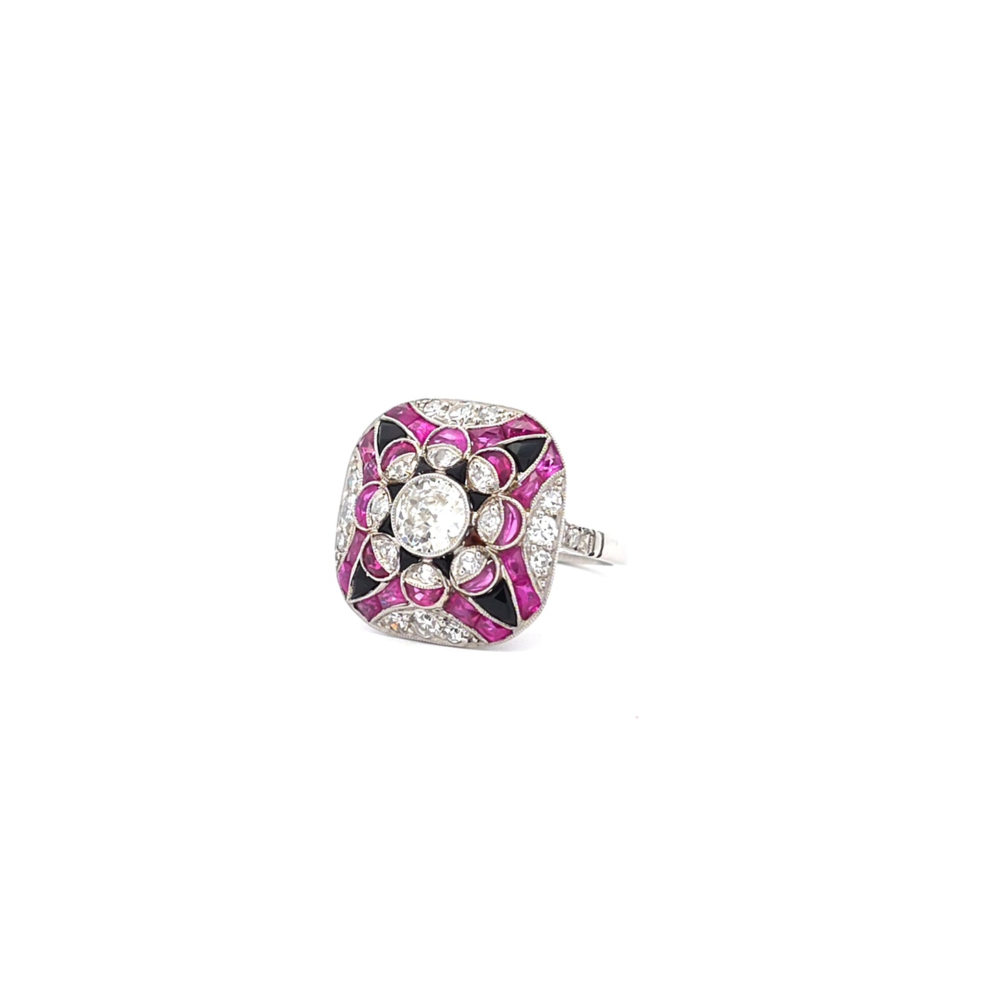 Platina cocktail ring met robijn onyx  diamant Bruens Amsterdam
