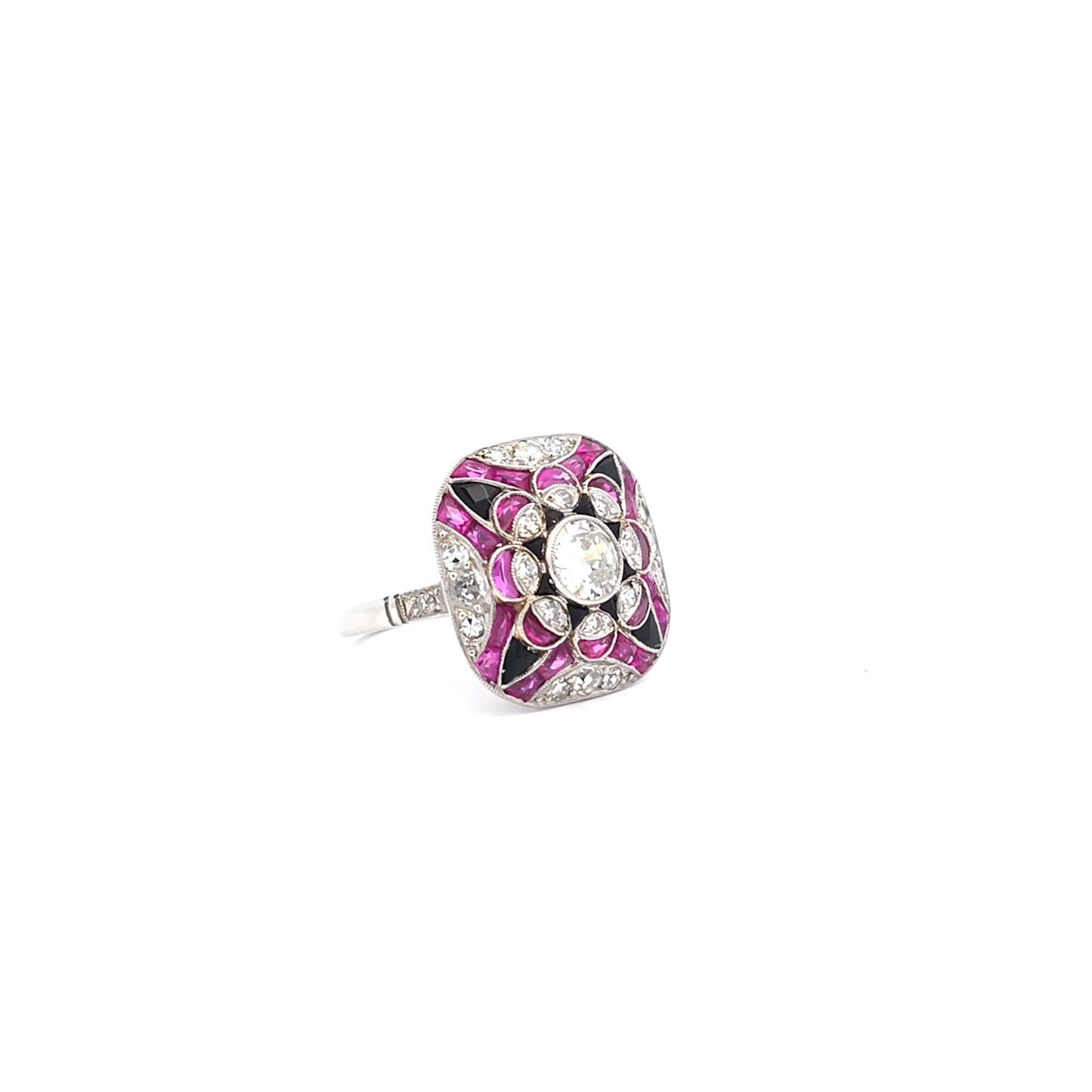 Platina cocktail ring met robijn onyx en diamant Bruens Amsterdam
