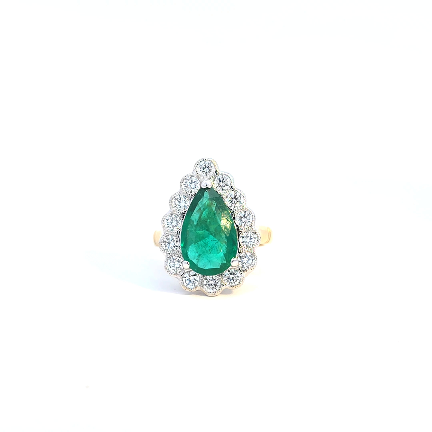 18K Yellow and white Gold Cocktail Ring with Pear Shaped Emerald and Diamonds