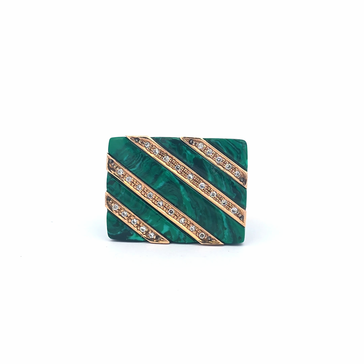Art Deco Inspired Malachite and Diamond Striped 14k Gold Ring