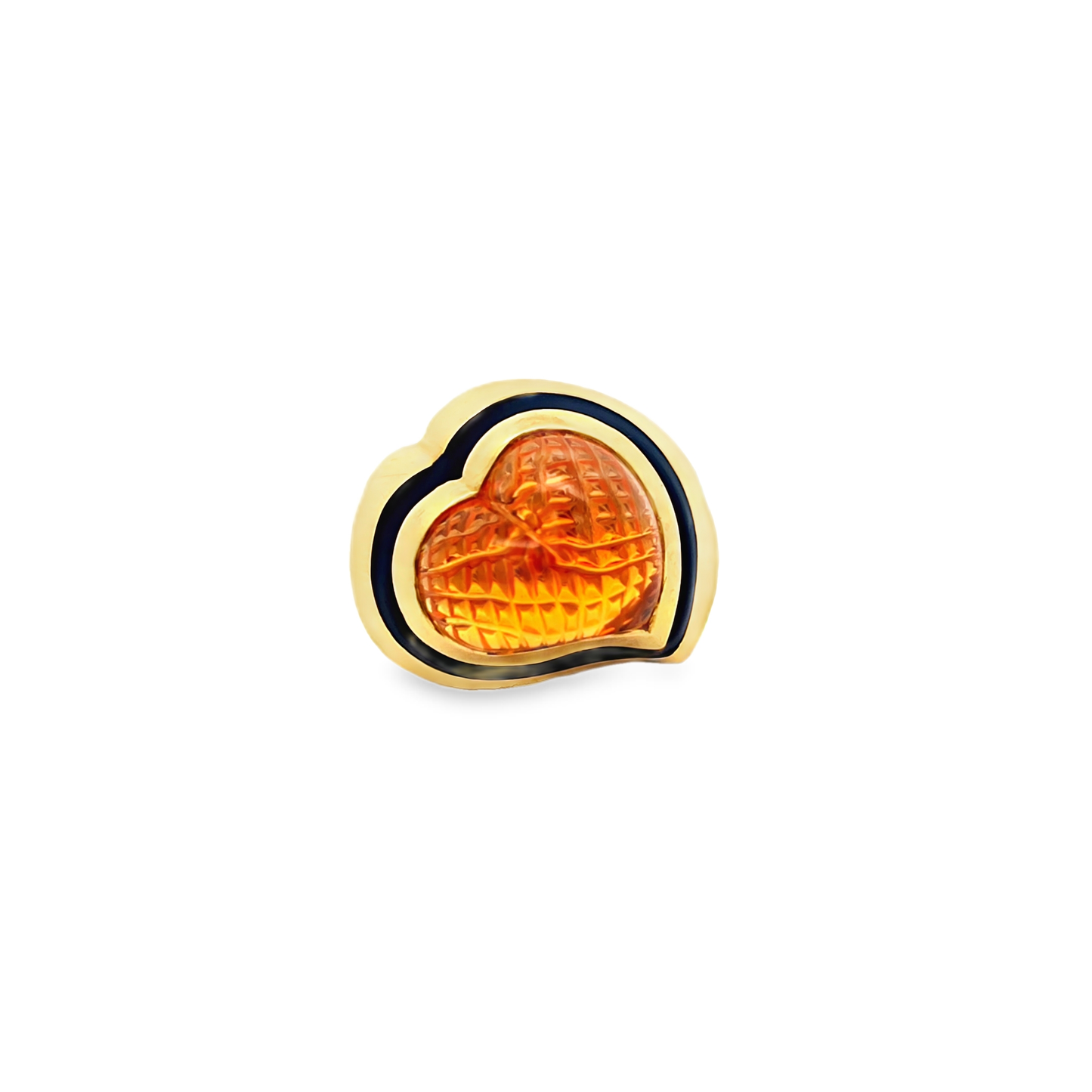 Carved Heart Citrine Cocktail Ring in 18K Yellow Gold with Black Enamel