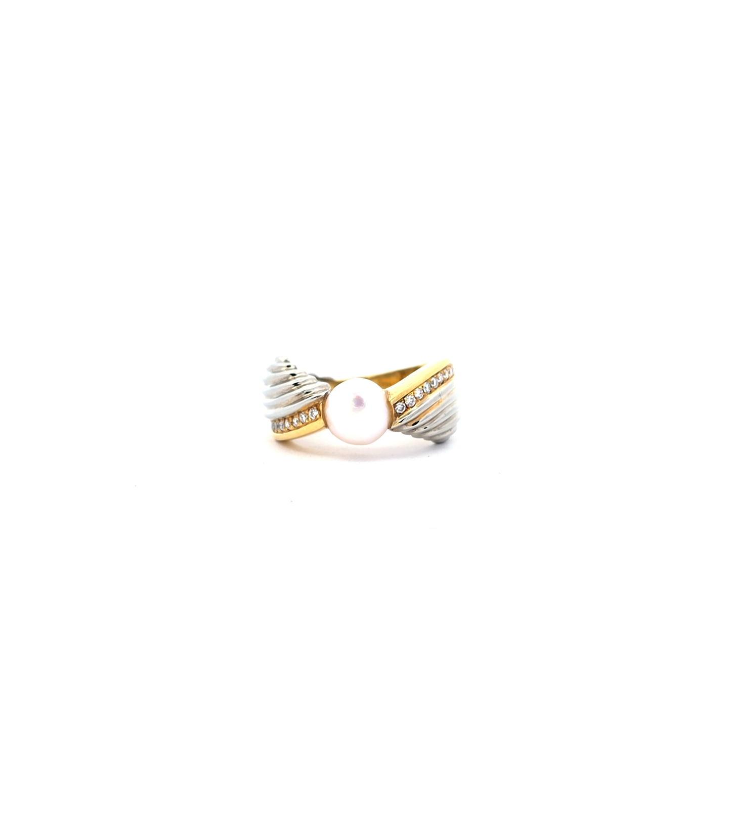 14K Bicolor Ribbed Gold bypass Ring with Luminous Round Pearl and Diamond Accents