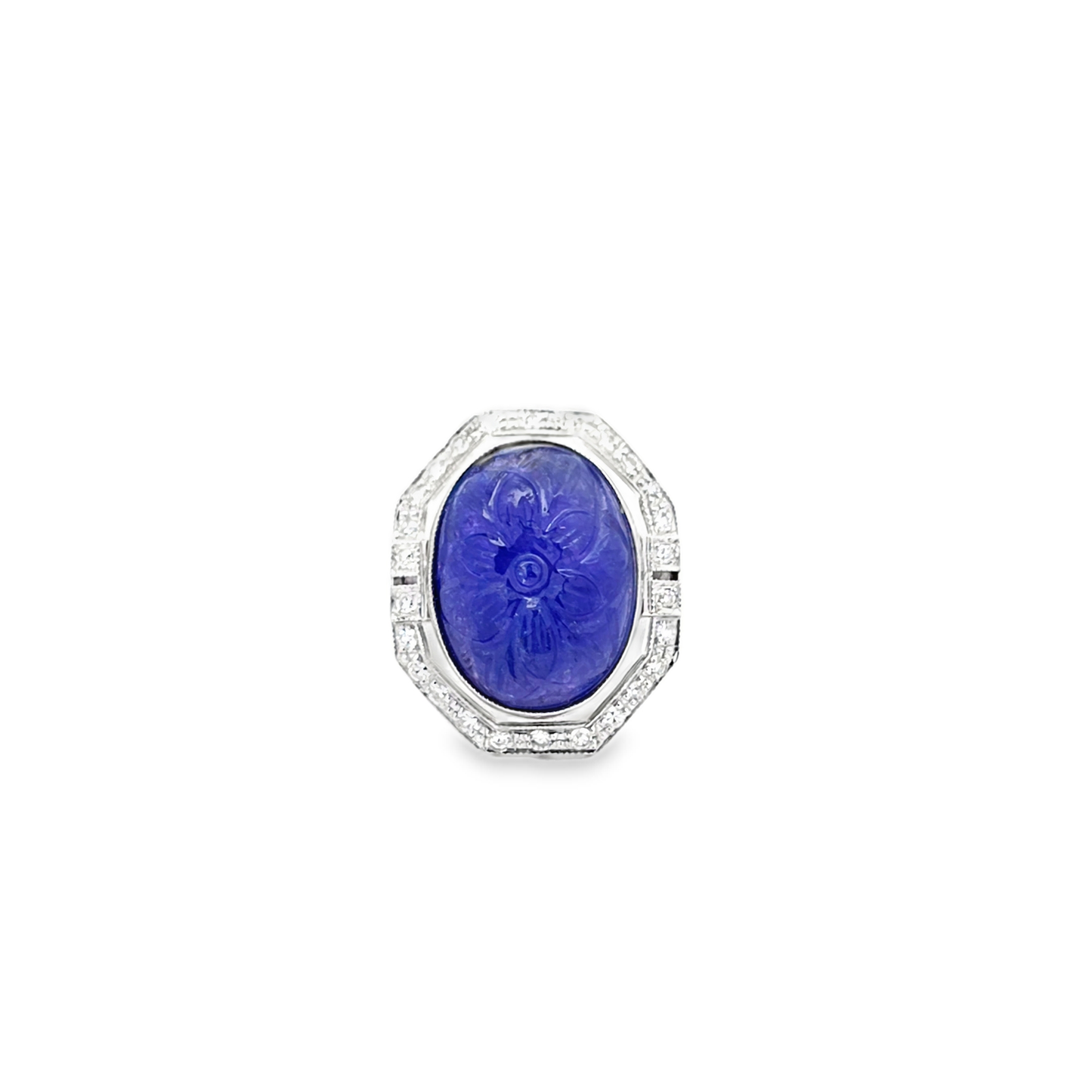 Carved Royal Blue Tanzanite Cocktail Ring in 18k White Gold