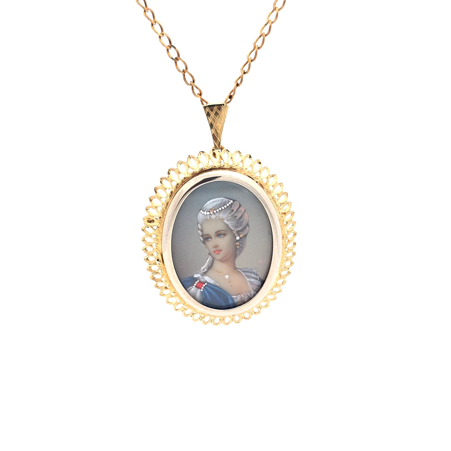 Yellow Gold Portrait Limoges Locket Pendant Necklace
