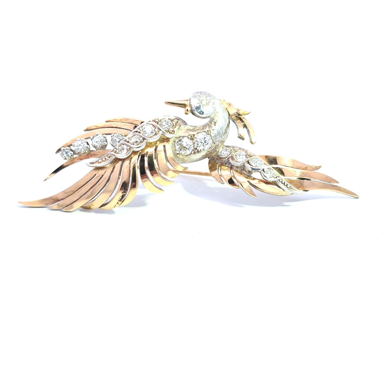 Diamond Accent Bird Brooch in Yellow gold and silver