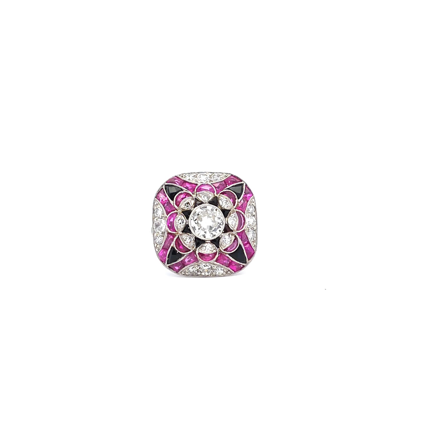 Platina cocktail ring met robijn onyx en diamant Bruens Amsterdam