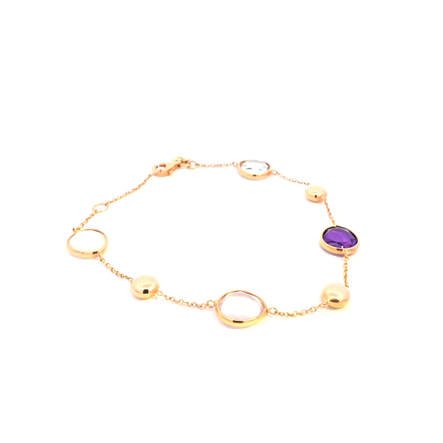  14-karaats roségouden schakelarmband met accenten van amethist en rozenkwarts Amsterdam Bruens