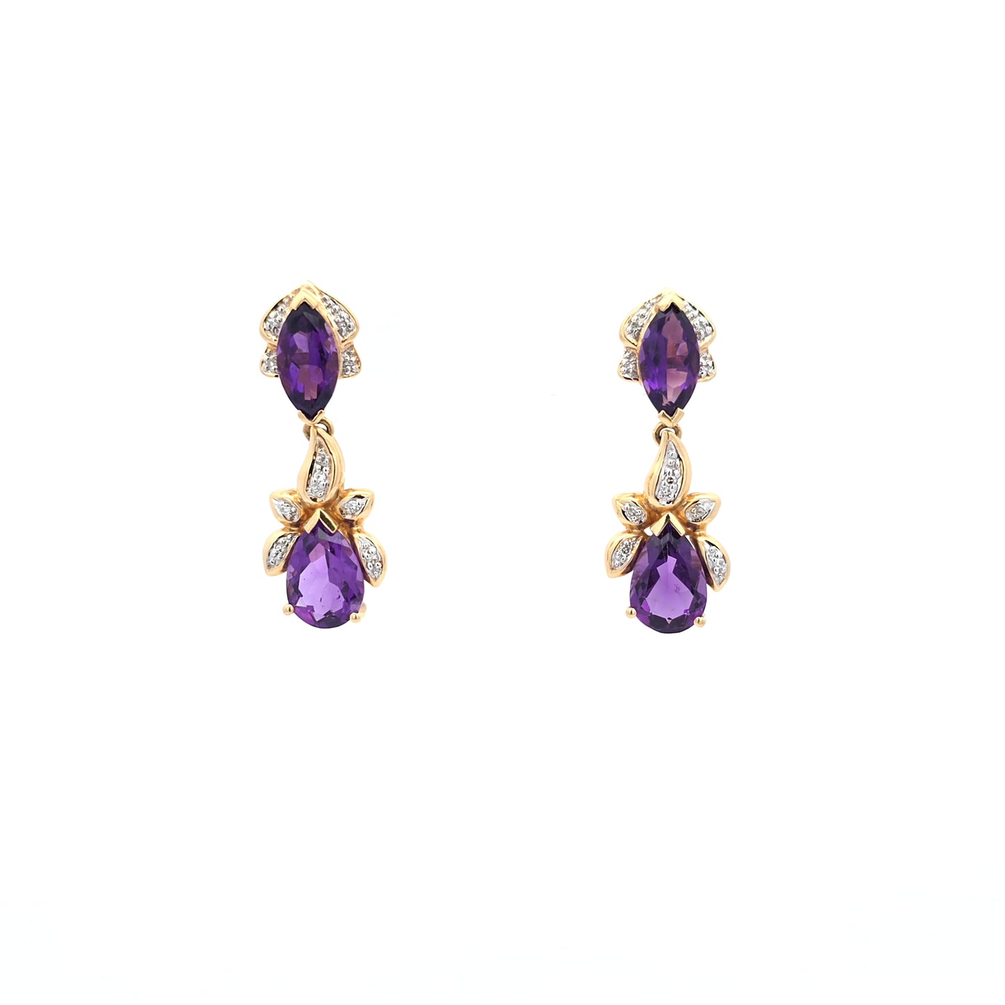 Amethyst Pear Cabochon Dangle Earrings in Yellow Gold