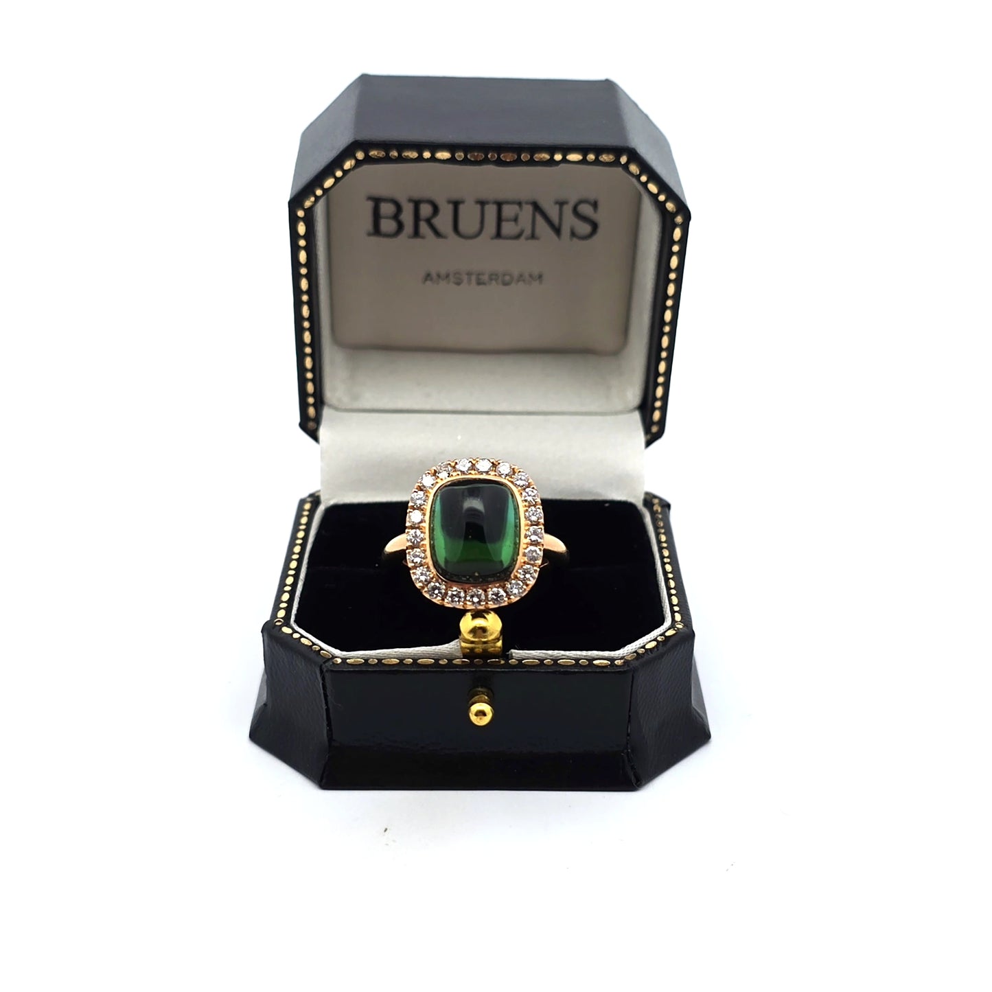 Yellow Gold Multi Stone Ring with Green Cabochon Cut Tourmaline and diamonds