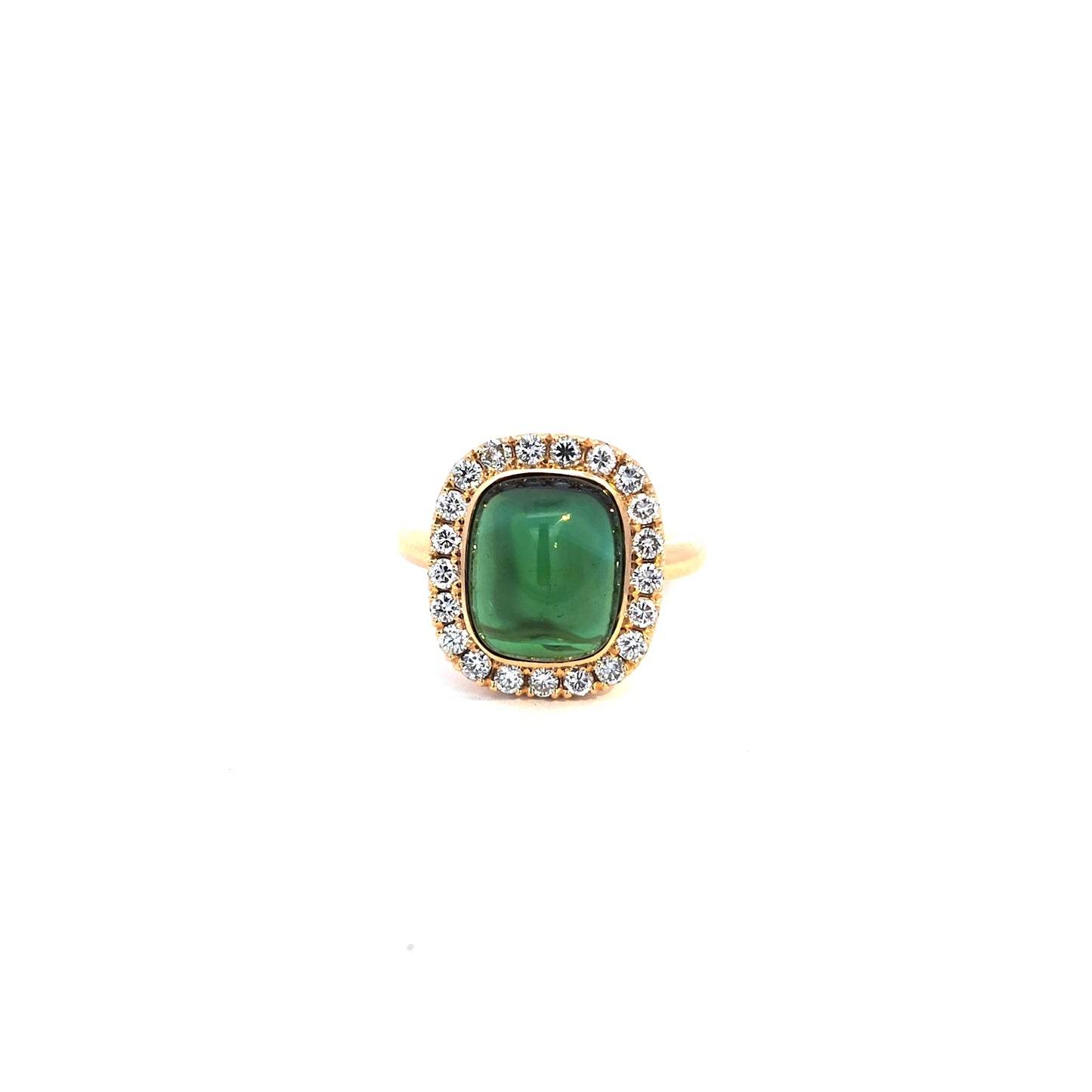 Yellow Gold Multi Stone Ring with Green Cabochon Cut Tourmaline and diamonds