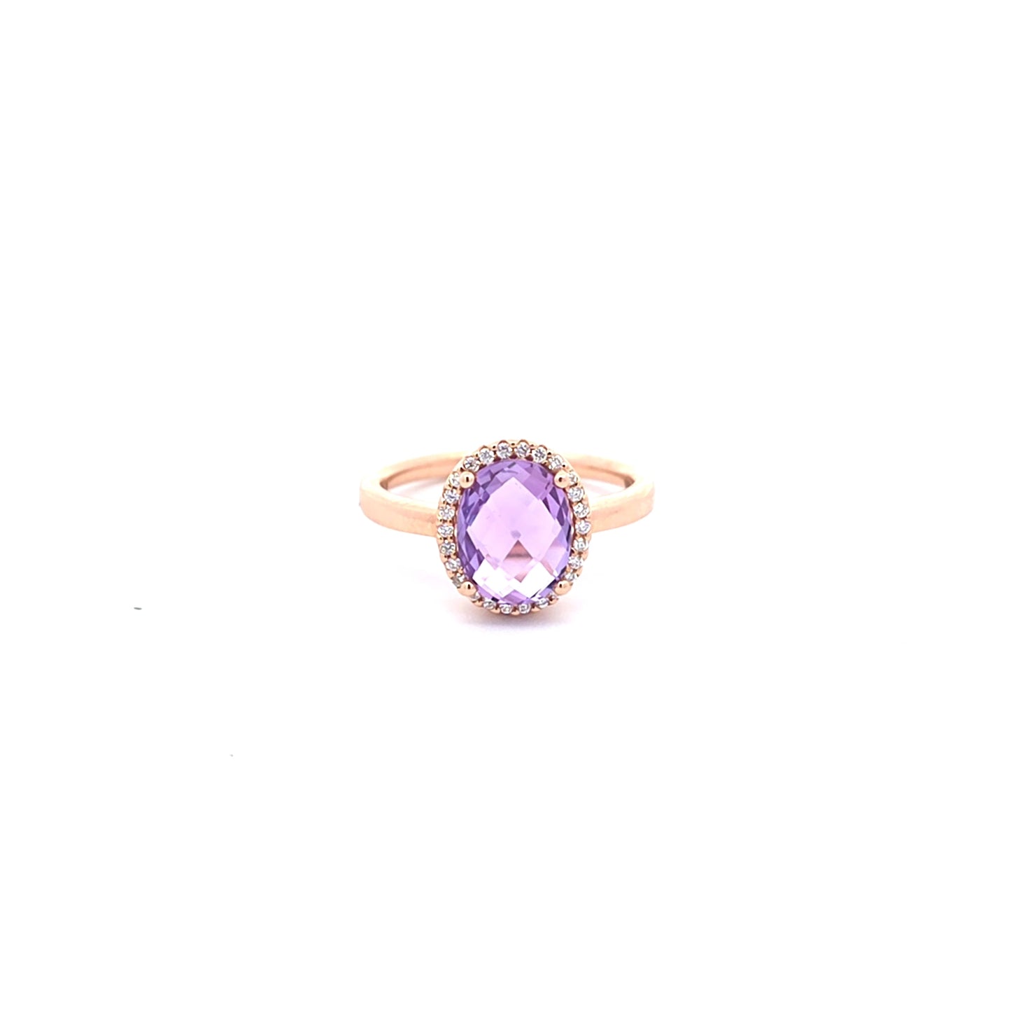 14k Rose Gold Cocktail Ring with Oval Brilliant Amethyst and diamonds