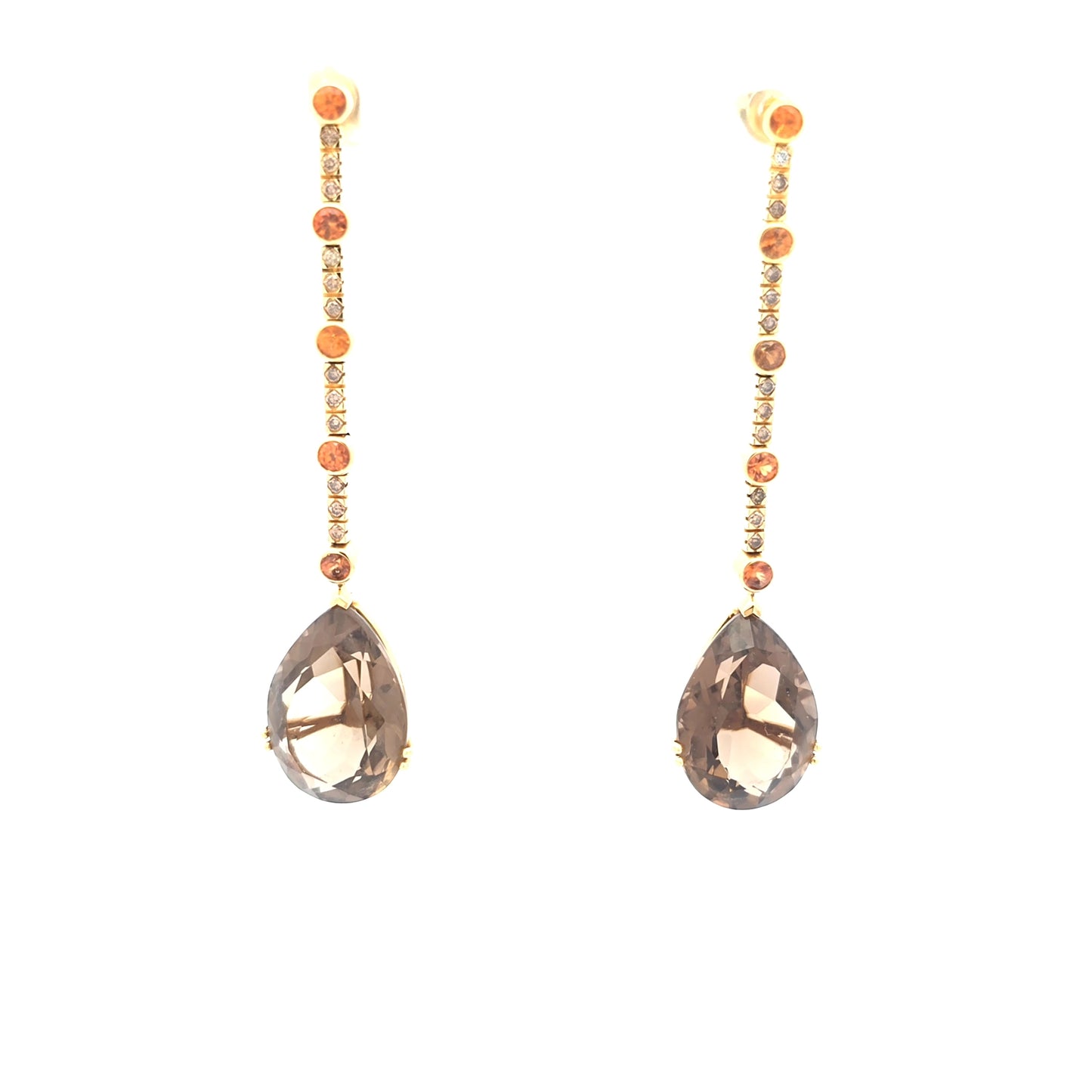 18k Yellow Gold Drop Earrings with Pear Cut Quartz and orange sapphires