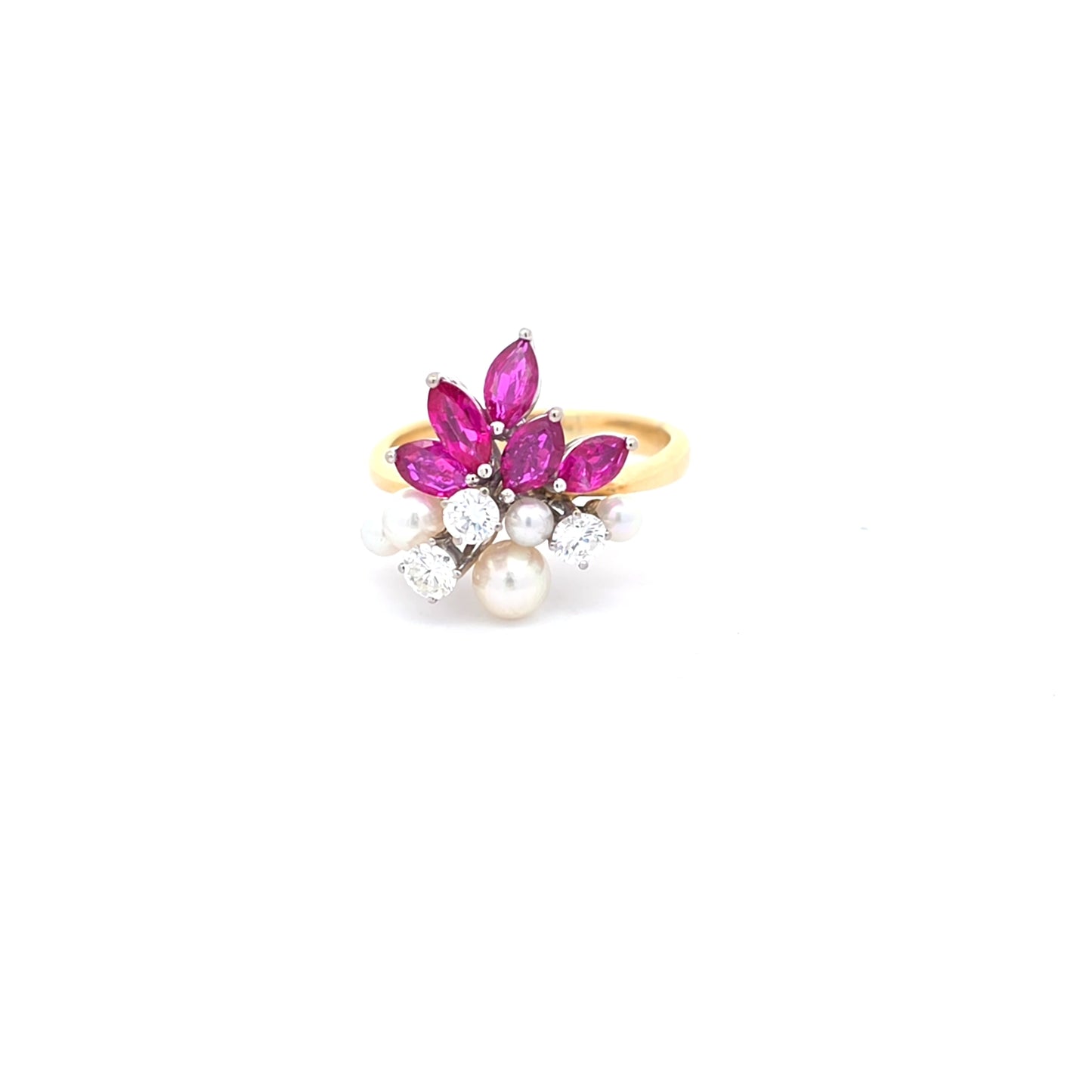 18k Yellow Gold Multistone Ring with pearls, rubies and diamonds