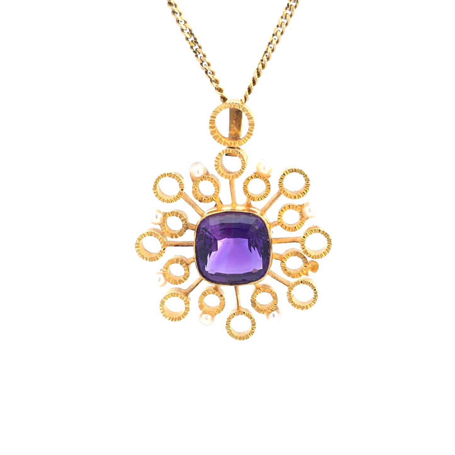 18k Yellow Gold Charm pendant with Square Cut Amethyst and pearls