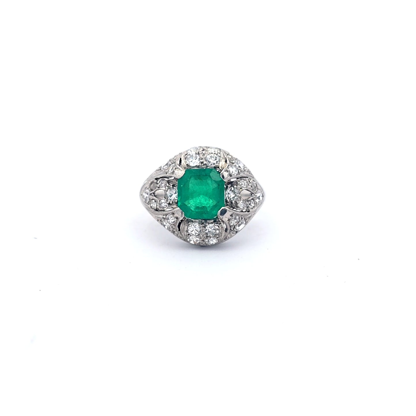 Art-Deco Green Emerald and Diamond Platinum Ring