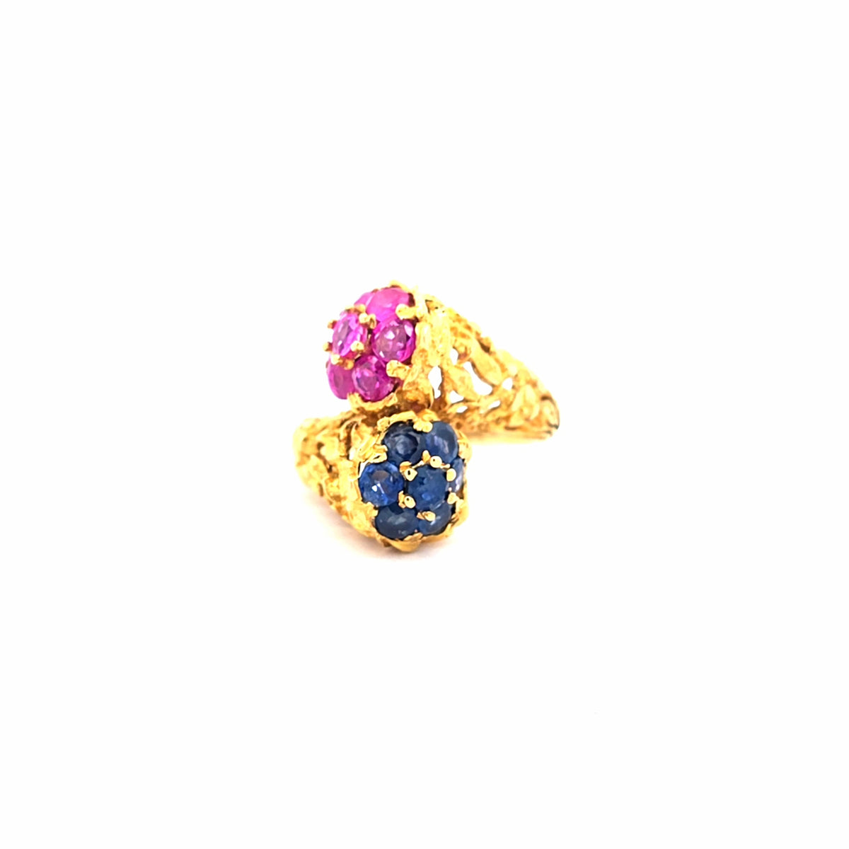 Yellow Gold Purplish-Red Ruby and Blue Gemstone Cocktail Ring