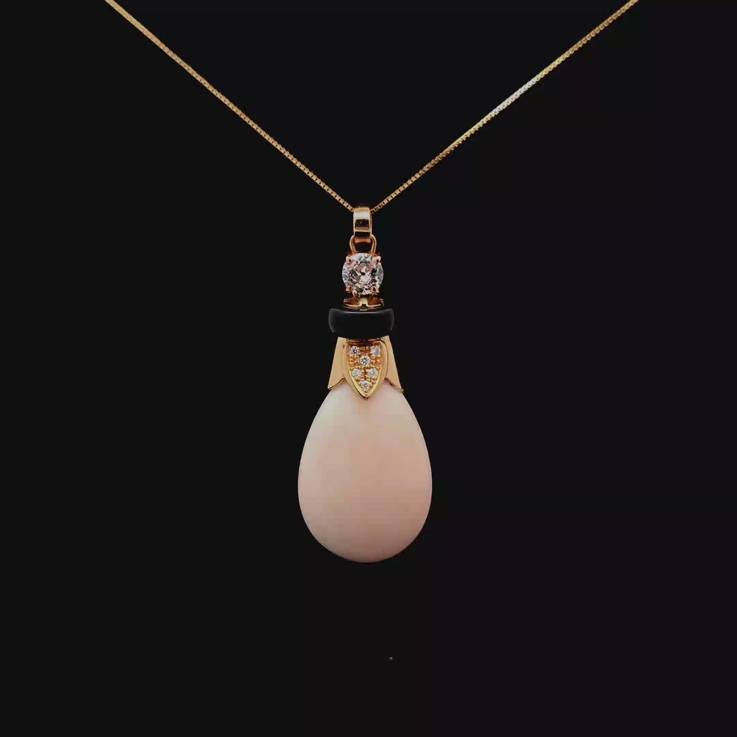 Yellow Gold Teardrop Angelskin Coral and Diamond Pendant Necklace
