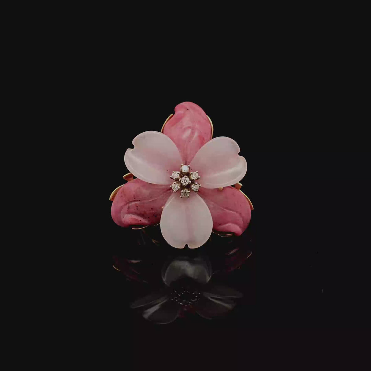 Carved Pink Rhodochrosite Floral Ring in 14KYellow Gold
