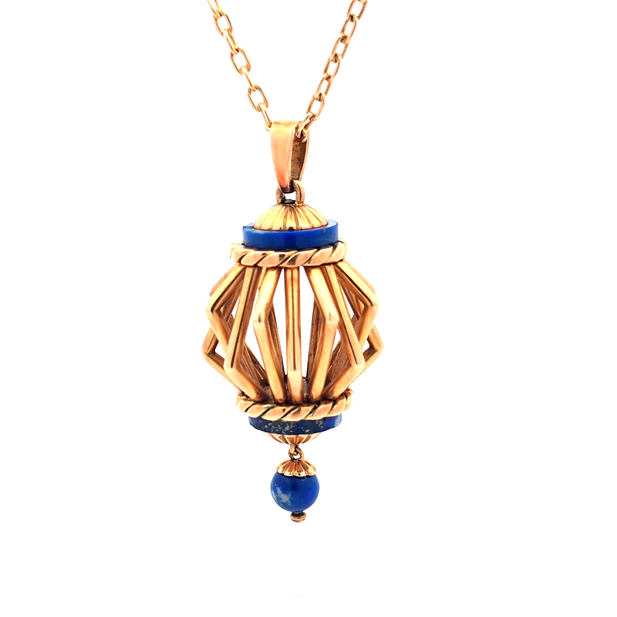 14K Yellow Gold Lantern Charm Necklace with Lapis Lazuli