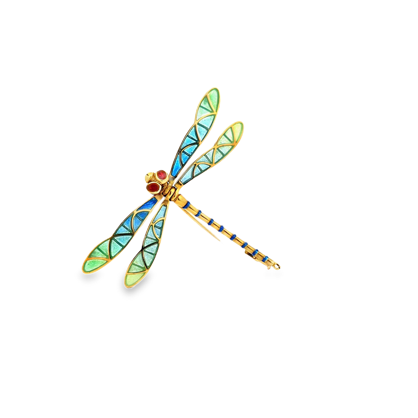 Yellow Gold Dragonfly Brooch with Enamel and Ruby Eyes