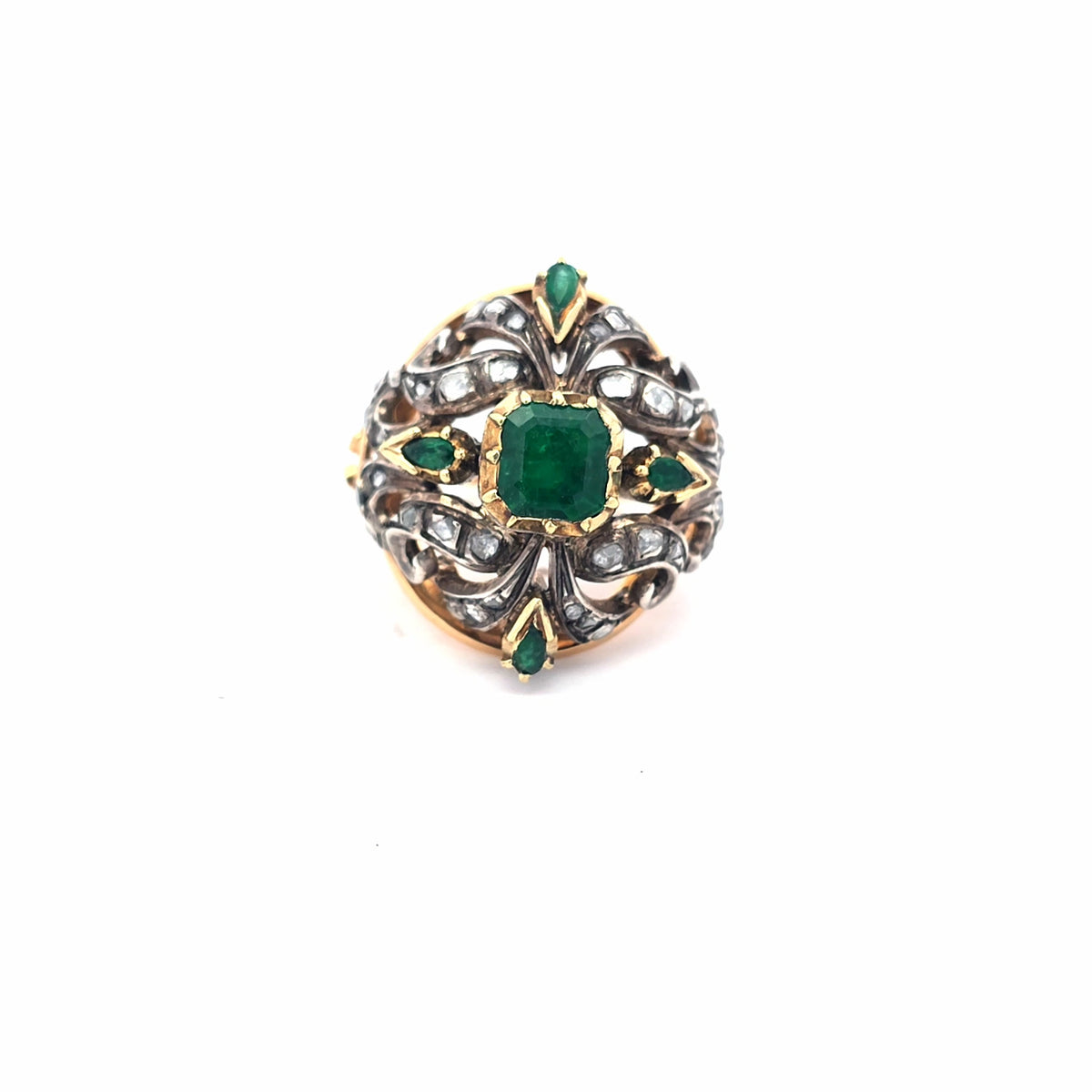 Antique 14K Yellow Gold Emerald And Diamond Ring