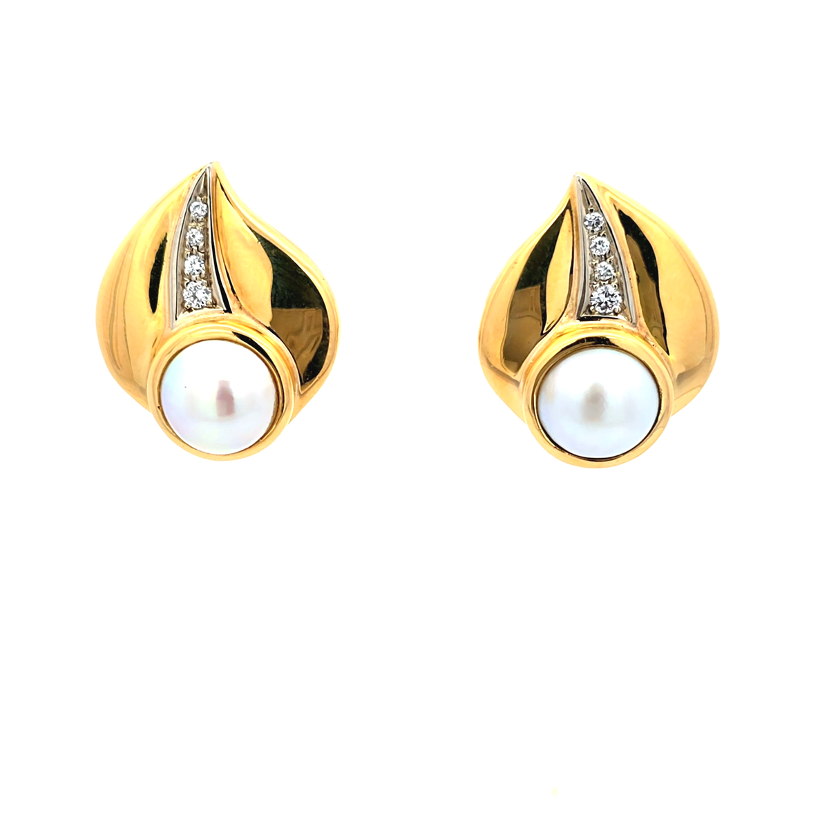 18K Yellow Gold Leaf Stud Earrings with Pearl and Diamonds