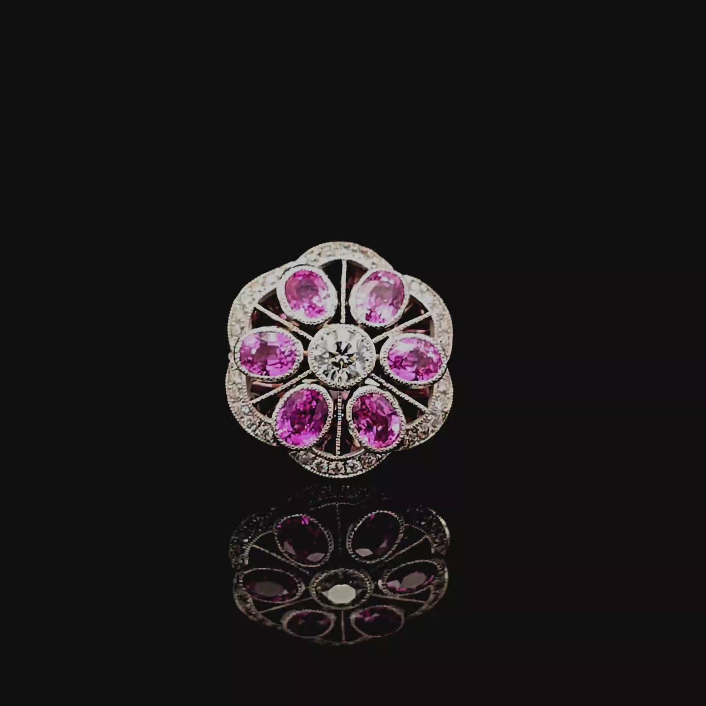 Vivid Pink Sapphire Floral Cocktail Ring in White Gold