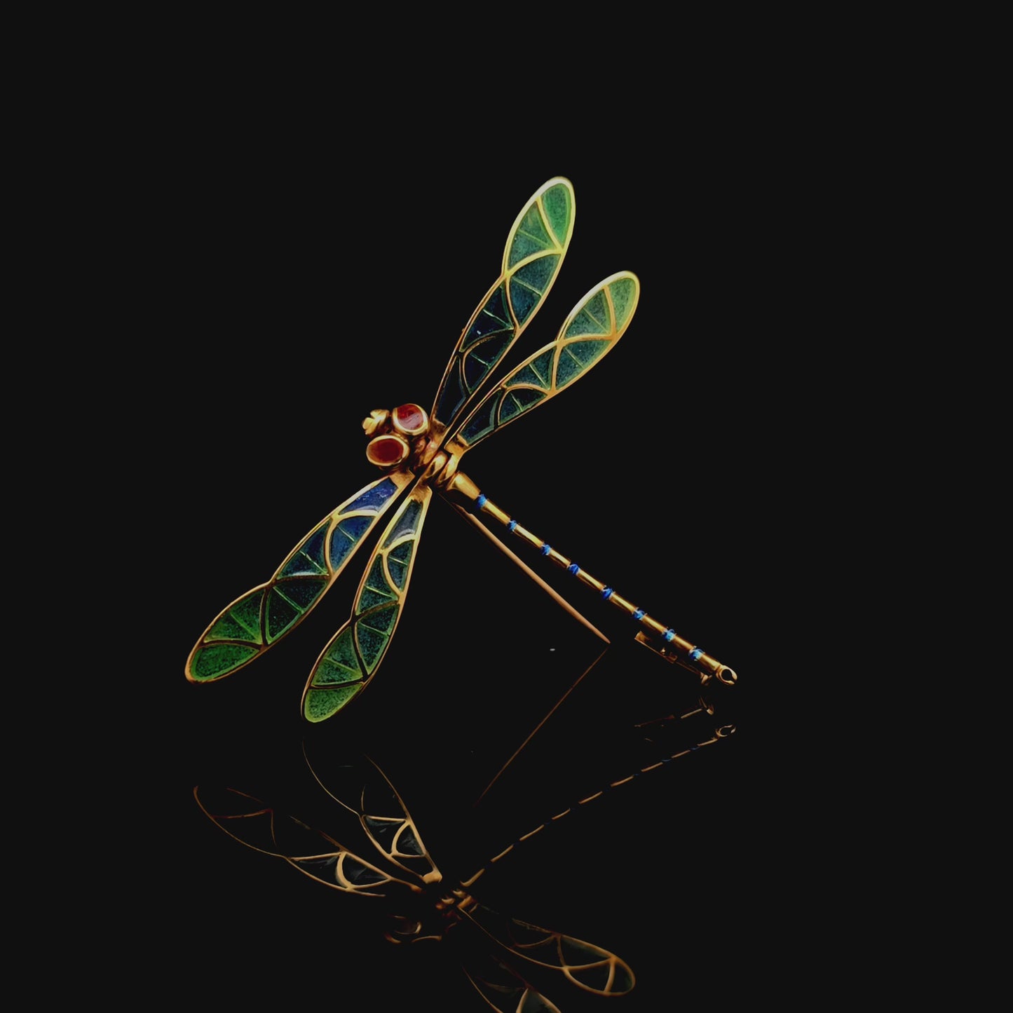 Yellow Gold Dragonfly Brooch with Enamel and Ruby Eyes