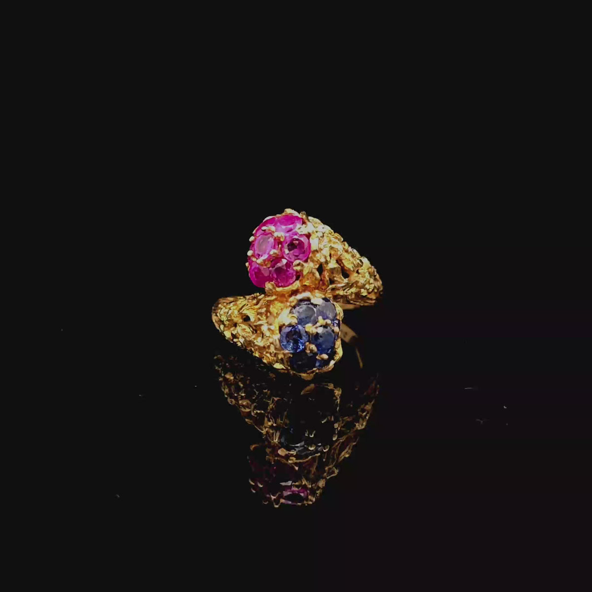 Yellow Gold Purplish-Red Ruby and Blue Gemstone Cocktail Ring