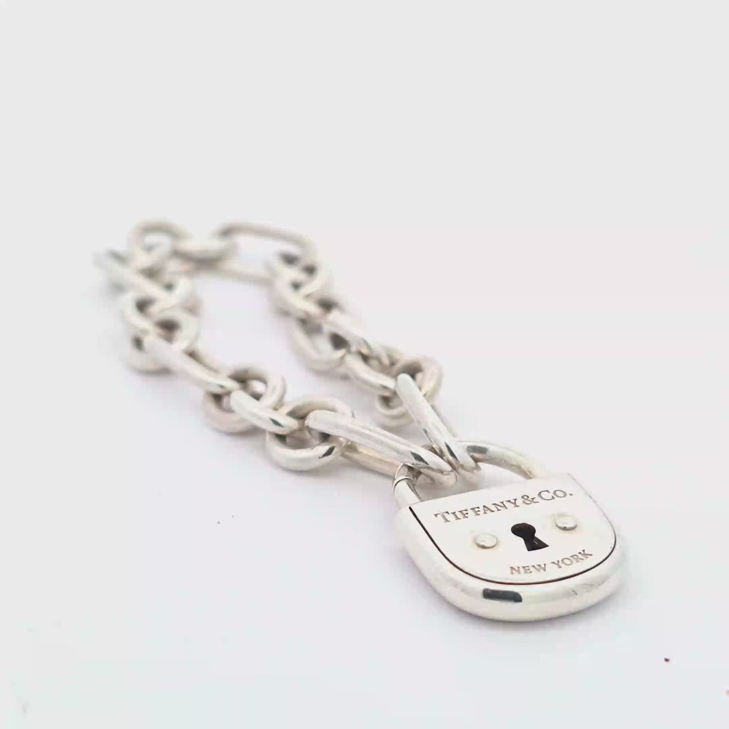 Sterling Silver Polished Tiffany & Co Link Bracelet with Engraved Padlock Charm