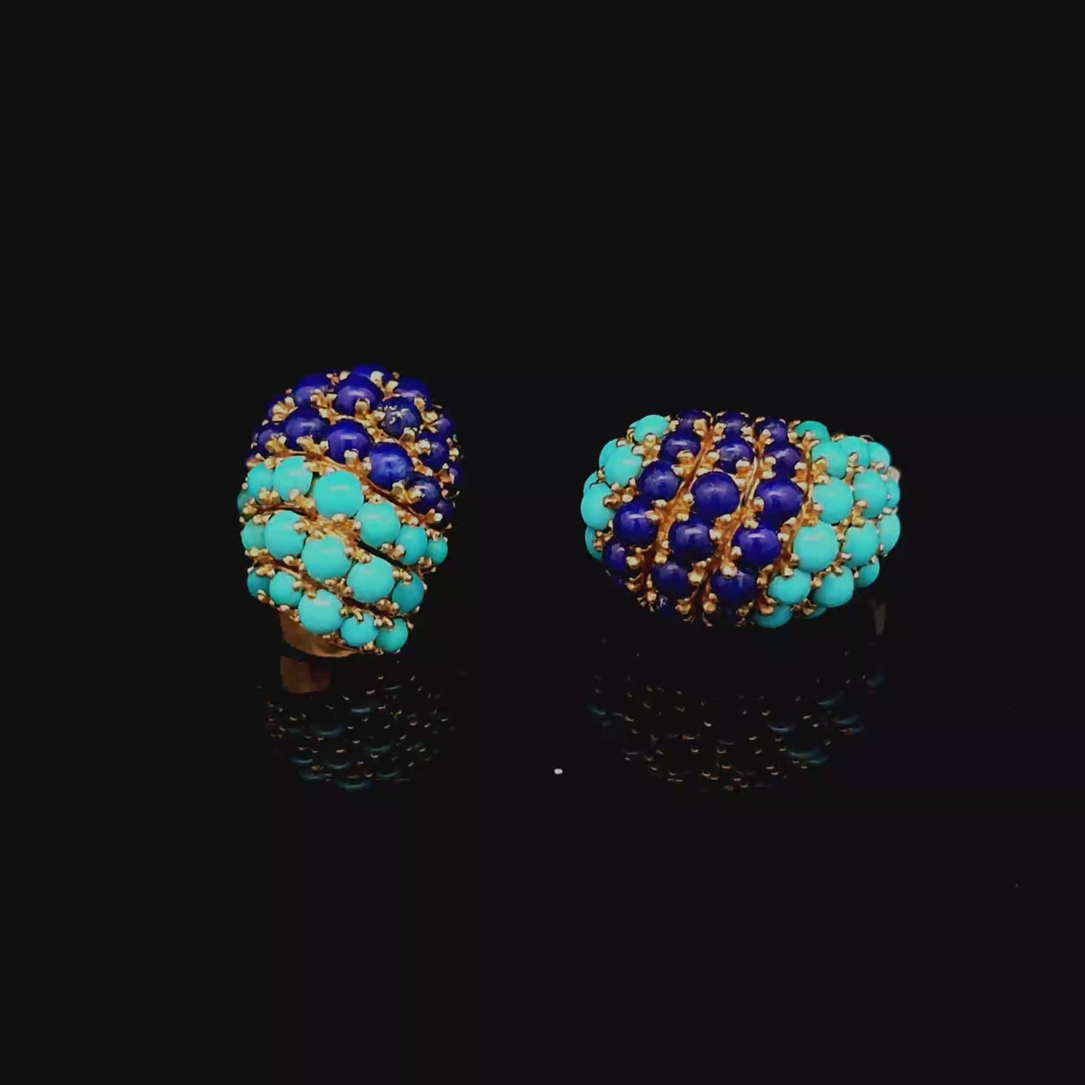 18K Yellow Gold Lapis Lazuli and Turquoise Cluster Dome Earrings