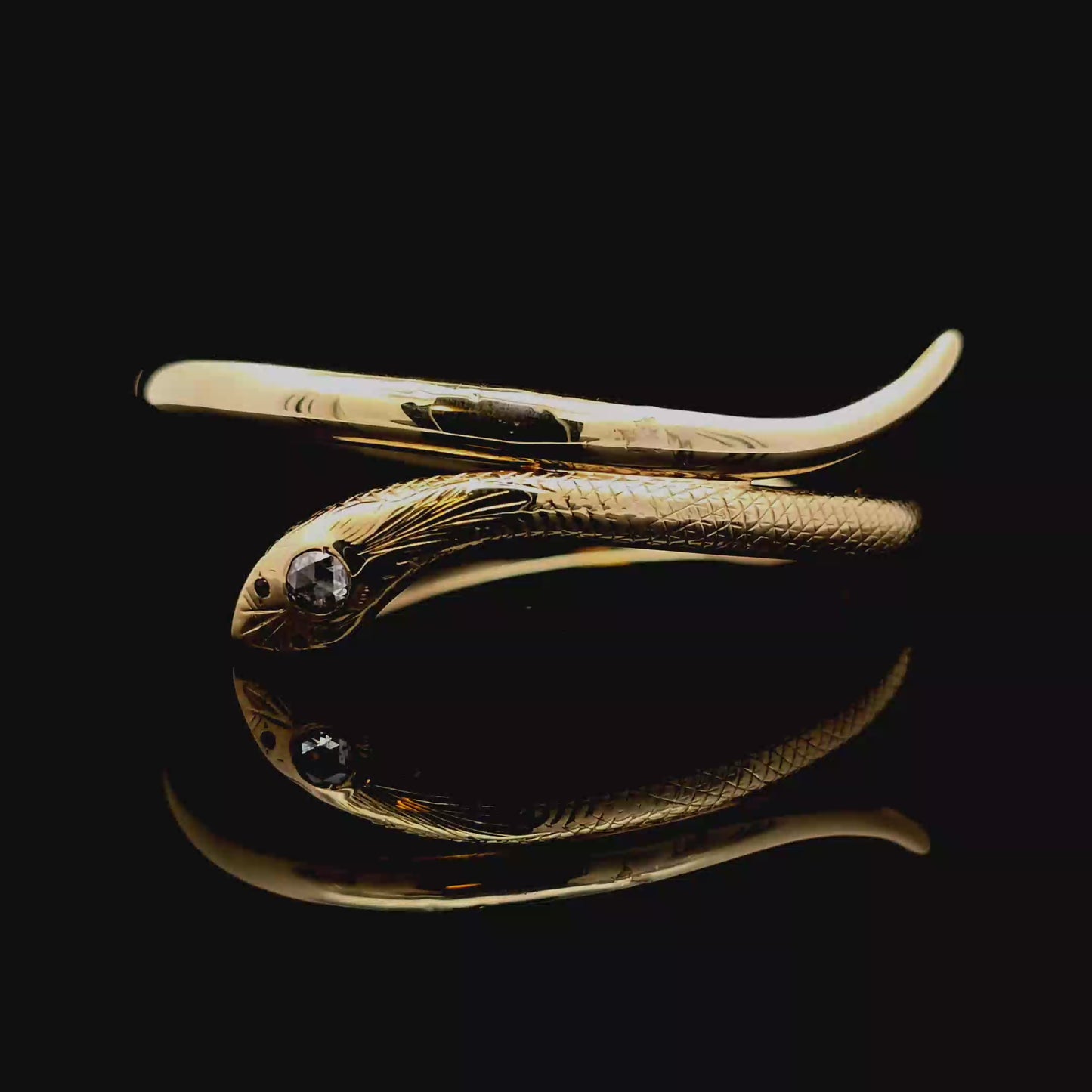 Engraved 14K Yellow Gold Bypass Snake Ring with a Rose Cut Diamond